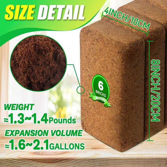 Six Pack Coco Coir Brick for Plants- Made of Peat Moss, Fiber and Coconut Husk