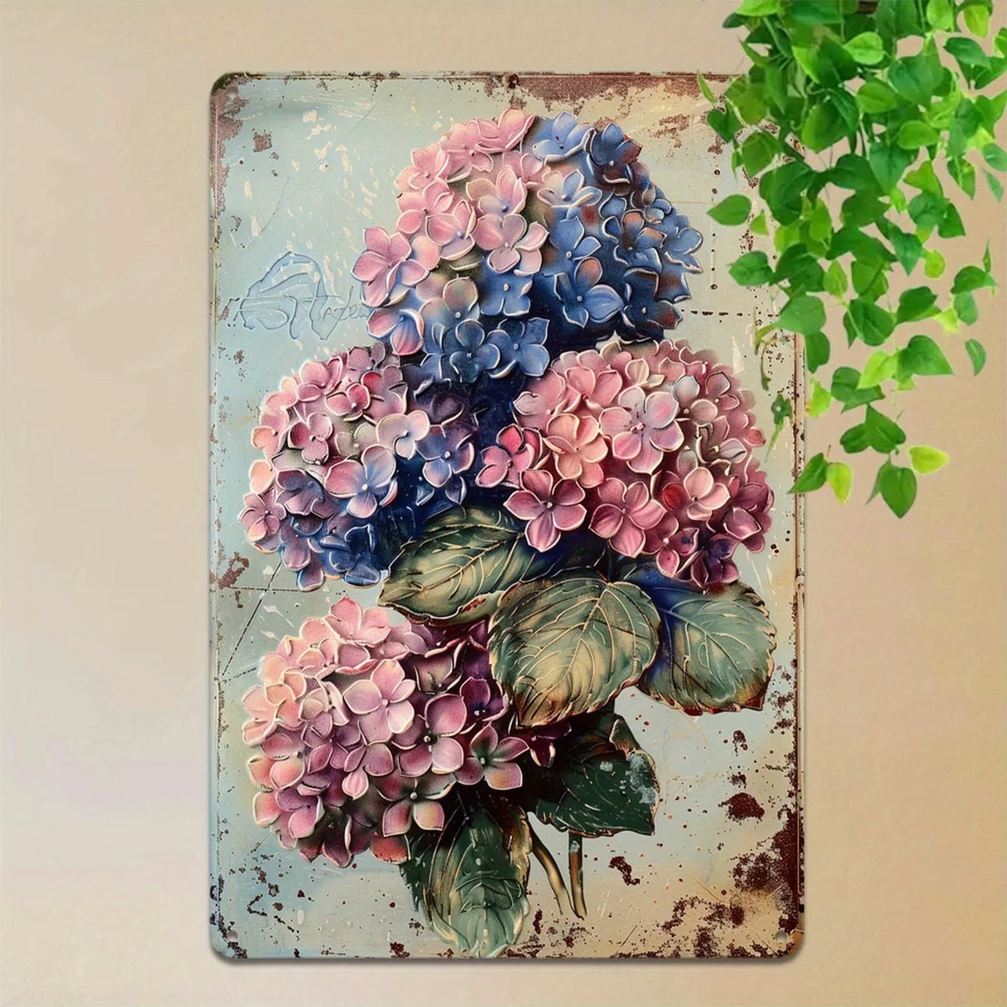 Aluminum, Rustic Vintage Hydrangea Metal Wall Art