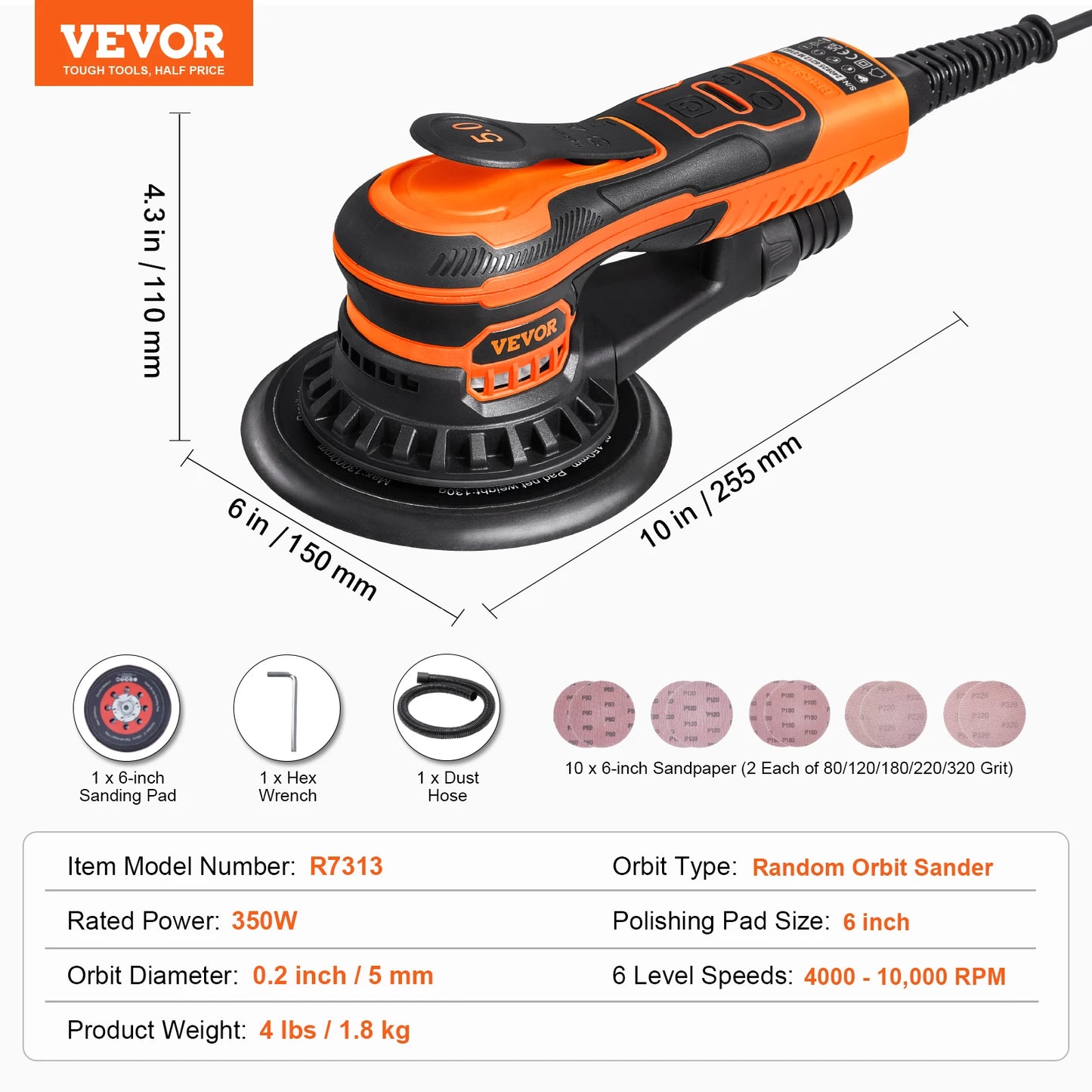 Six Speed Variable, Brushless Electric Orbital Sander